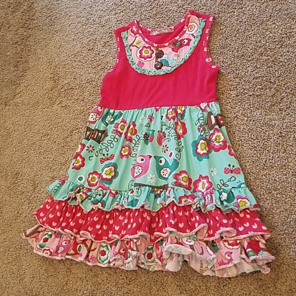 Red and aqua ruffle trim dress